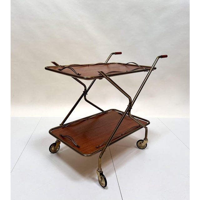 Tea Trolley or Serving Cart in Brass and Tubular Steel with Removable Teak Trays, Germany, 1960s For Sale - Image 13 of 18