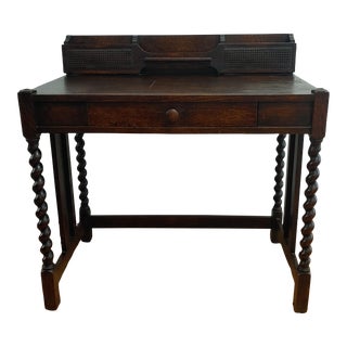 Early 20th Century English Oak Barley Twist & Cane Writing Desk For Sale