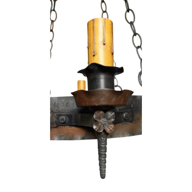 Early 20th Century Antique Hand Forged Iron Chandelier With Flowers and Original Patina For Sale - Image 5 of 9