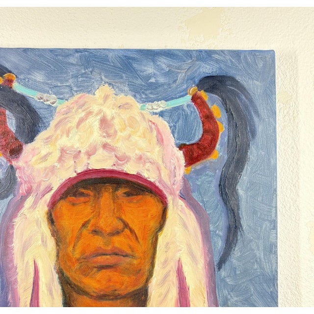 Late 20th Century "Bird Rattler" – Original Blackfeet Warrior Oil Portrait by Steve LeBailly For Sale In Portland, OR - Image 6 of 14