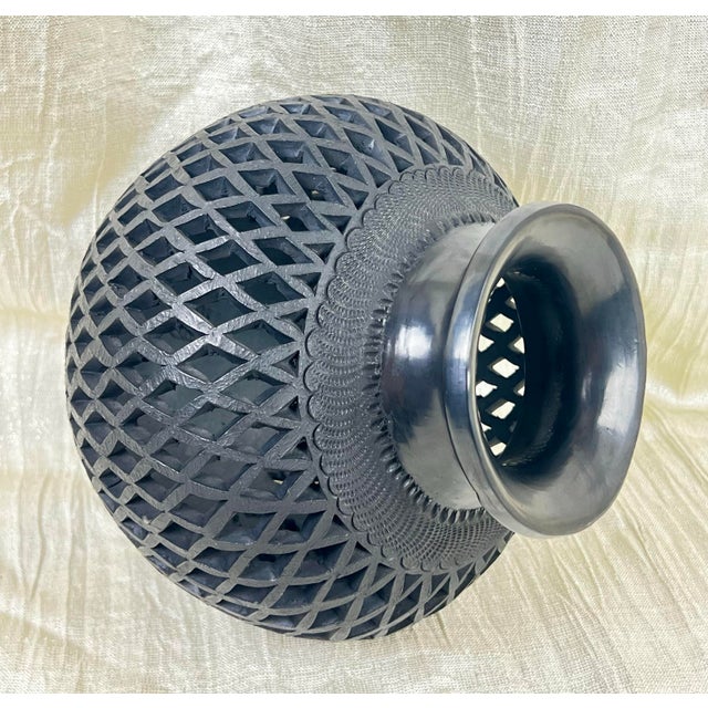 Hand-Carved Barro Negro Lattice Vessel, Sculptural Black Pottery Lantern Form For Sale - Image 9 of 11