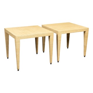 Pair of Baker Furniture Midcentury Wicker Side Tables with Tapered Legs For Sale