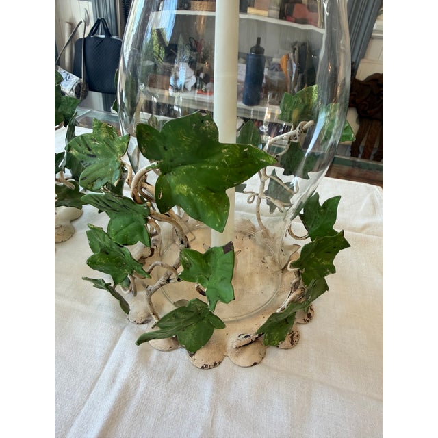 Metal Vintage Ivy Metal Tole Hurricane Candle Holders Pair For Sale - Image 7 of 14