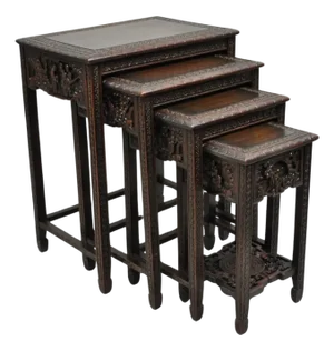 Antique Chinese Carved Rosewood Figural Nesting Side Tables W/ Drawer - 4 PCS