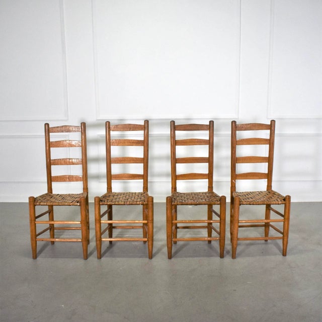 American Antique Early American Ladder Back Splint Woven Seat Side Chairs - Set of 4 For Sale - Image 3 of 11