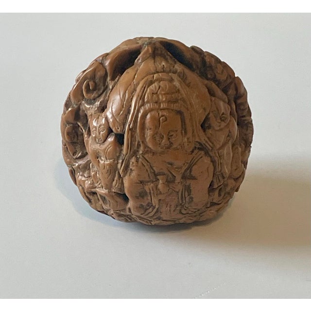 Chocolate Antique Detailed Hand Carved Chinese Figural Walnut Shell For Sale - Image 8 of 8
