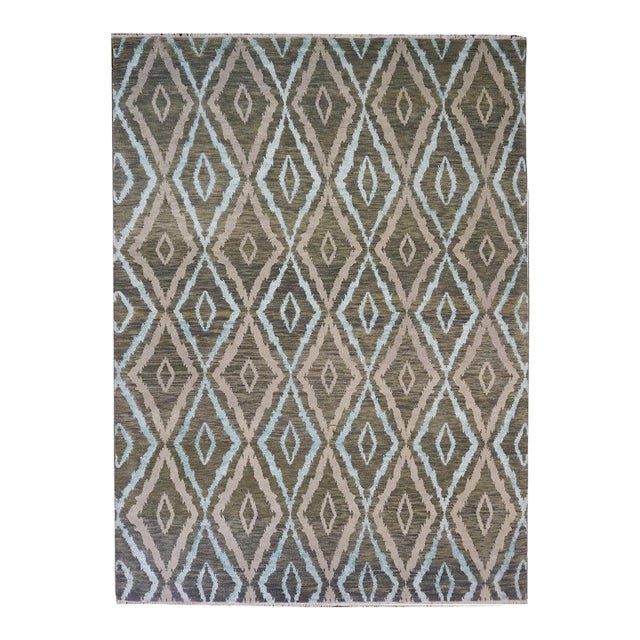 Nepalese Modern Wool & Silk 9X12 Green, Blue & Grey Handmade Area Rug #9902959 For Sale