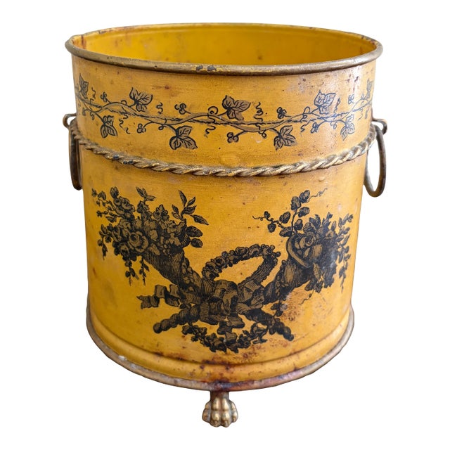 Italian Neoclassical Tole Yellow Cachepot Planter Vase With Lion Paw Feet For Sale