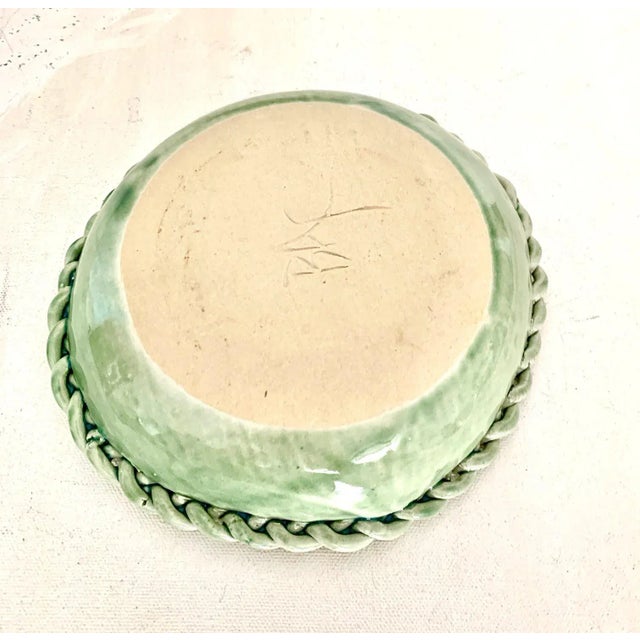 Farmhouse Vintage Sage Green Studio Ceramic Bowl With Botanical Print - Artist Signed For Sale - Image 3 of 5