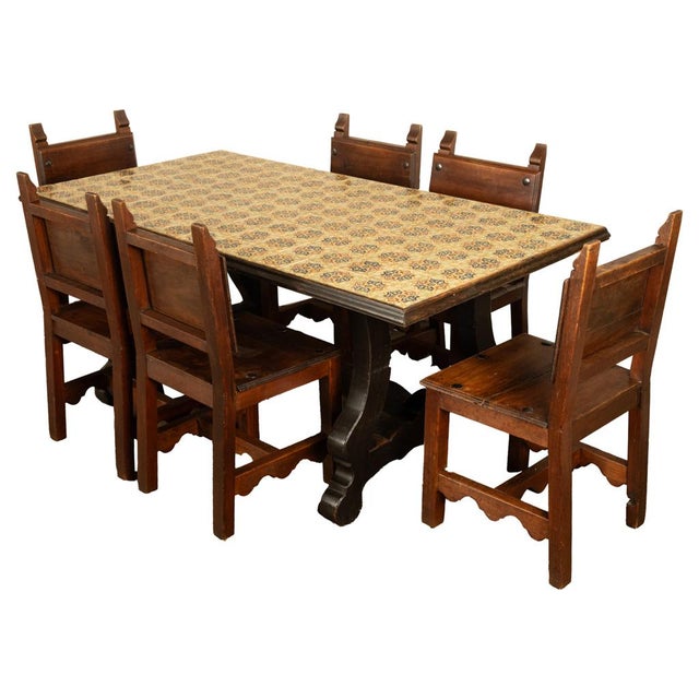 Antique Spanish Colonial Hacienda Walnut Talavera Tile Top Table Six Chairs 1890 For Sale - Image 4 of 17