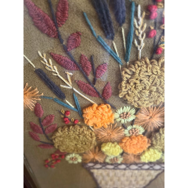 1970s Framed Floral Crewel Needlework - Mid Century Hand Crafted For Sale - Image 5 of 7