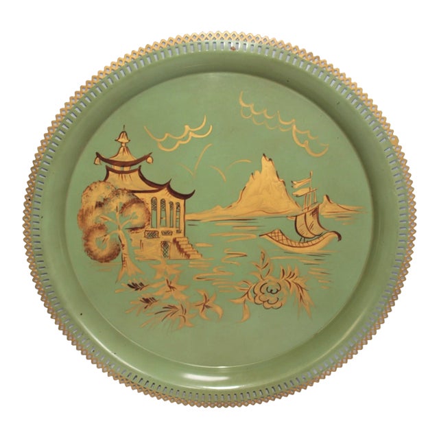 Mid Century Asian Round Painted Tray For Sale