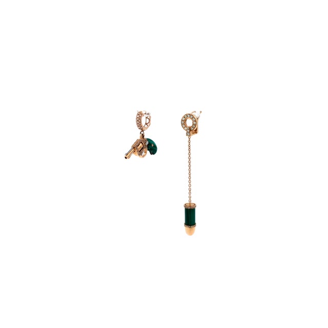 Diamond Green Malachite Pave Bullet 18 Karat Rose Gold Circle Drop Chain Earrings , A Pair For Sale - Image 13 of 13