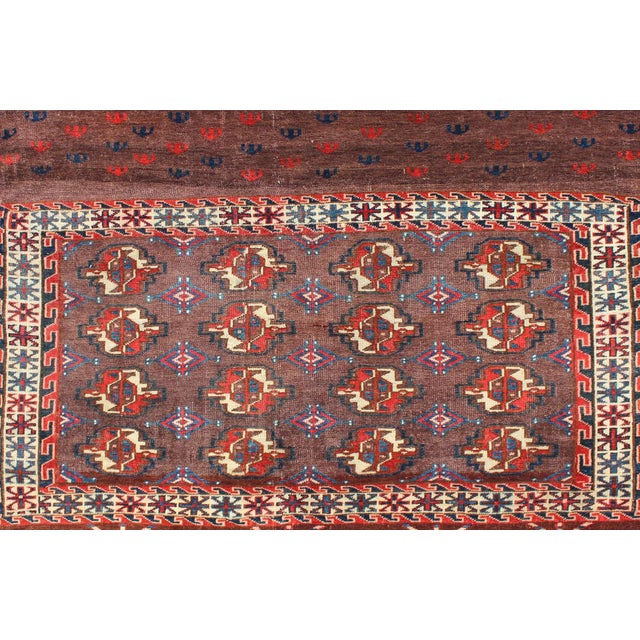 Tribal 19th Century Antique Tekke Rug With Brown Field and Tribal Motifs in Red For Sale - Image 3 of 6