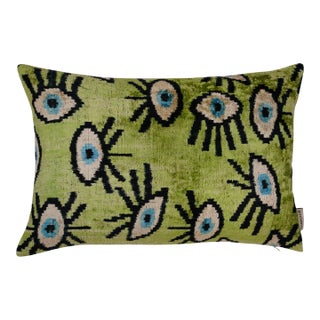 Contemporary Luxury Green Handmade Silk Evil Eye Throw Pillow With Down Insert For Sale