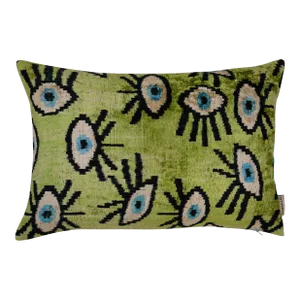 Contemporary Luxury Green Handmade Silk Evil Eye Throw Pillow With Down Insert