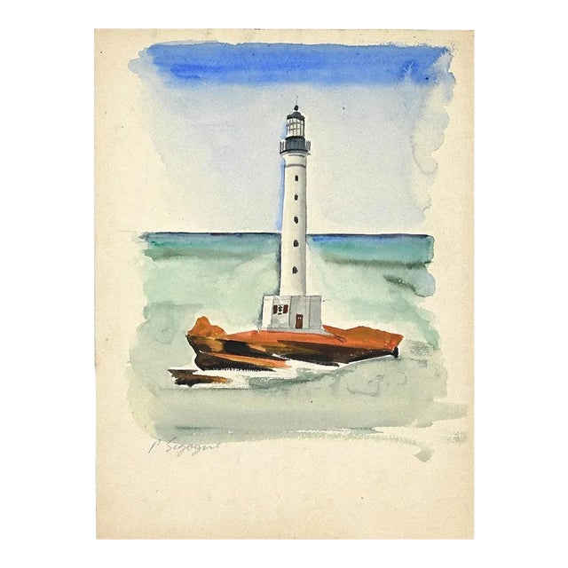Pierre Segogne, The Lighthouse, Watercolor, Early 20th Century For Sale