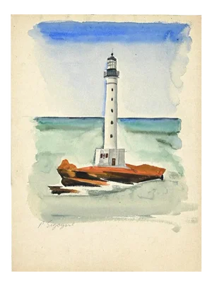 Pierre Segogne, The Lighthouse, Watercolor, Early 20th Century