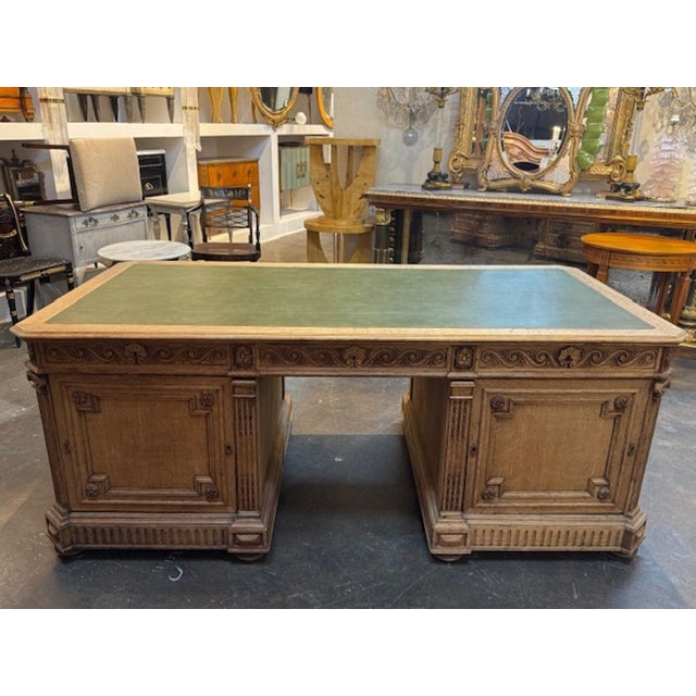 Traditional 19th Century Carved and Bleached Library Desk With Leather Top For Sale - Image 3 of 5