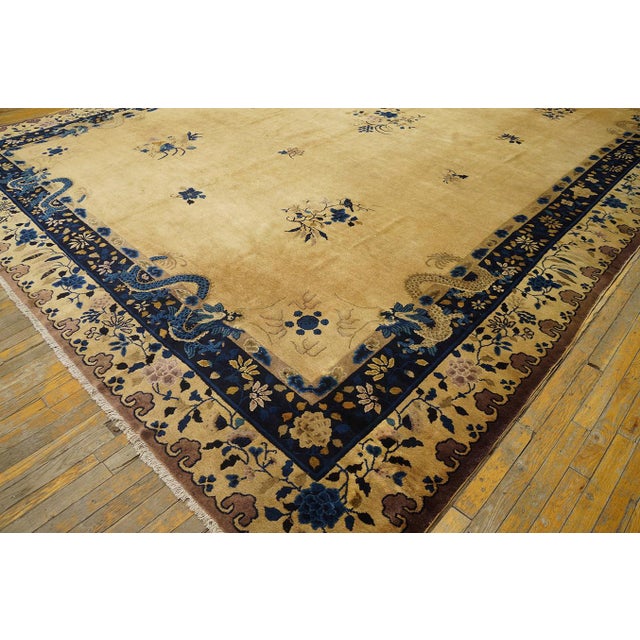 Textile 1920s Beige Open Field Antique Large Chinese Peking Dragon Floral Knotted Rug For Sale - Image 7 of 9