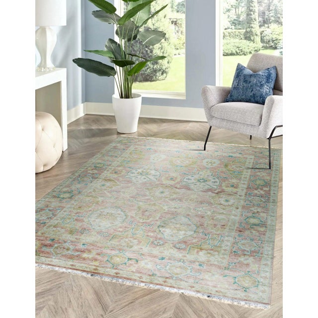Contemporary 12x15 Timeless Oushak Coral Traditional Floral Geometric Hand Knotted Wool Rug For Sale - Image 3 of 9