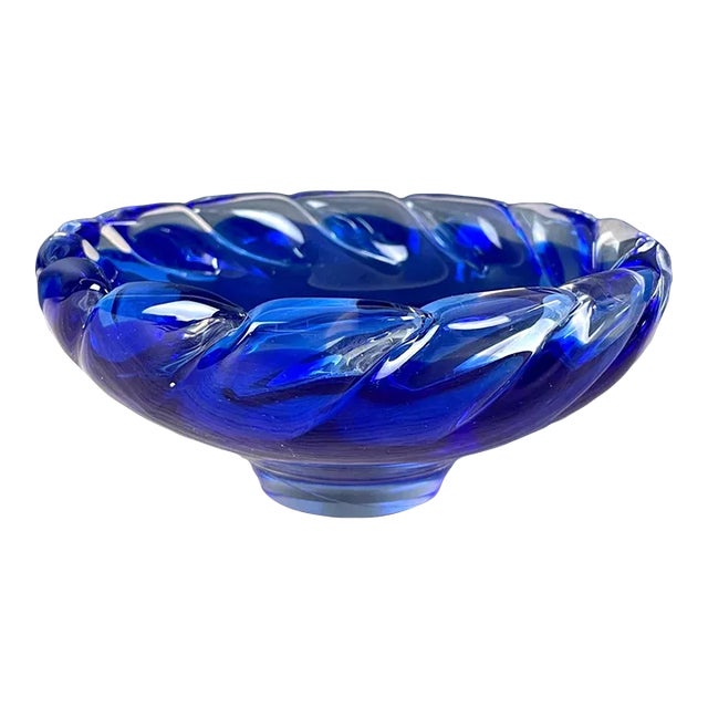 Vintage Art Glass Encased Cobalt Blue and Clear Blown Glass Dish For Sale