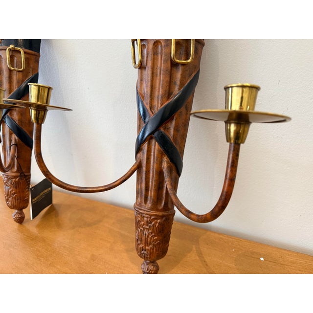 Traditional Pair of Signed Maitland Smith Equestrian Metal 2 Arm Wall Candle Sconces For Sale - Image 3 of 7
