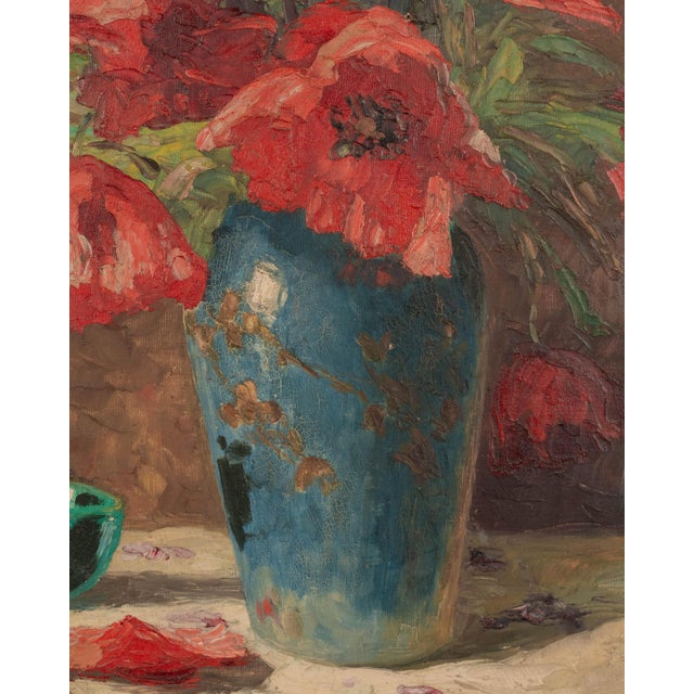 French Mid-Century Floral Still Life With Poppies Painting For Sale - Image 3 of 11
