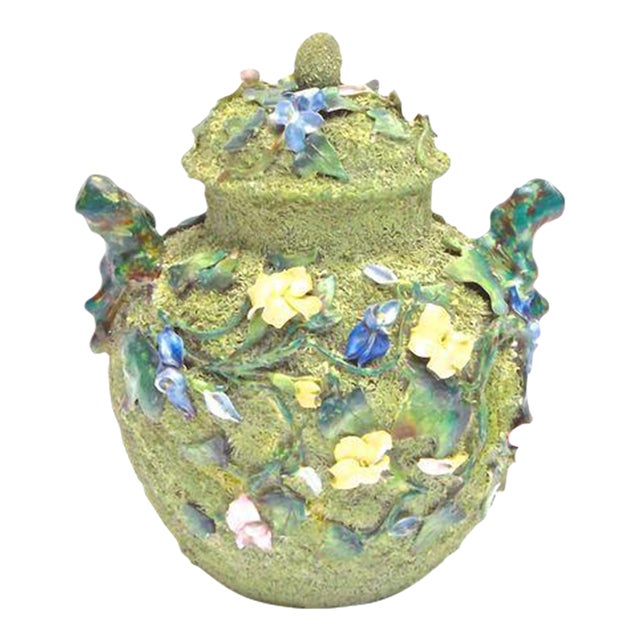 Antique Porcelain Mossware Floral Majolica Jar For Sale