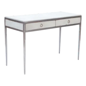 A White Leather and Polished Iron Writing Desk, in the Manner of Jean-Michel Frank.