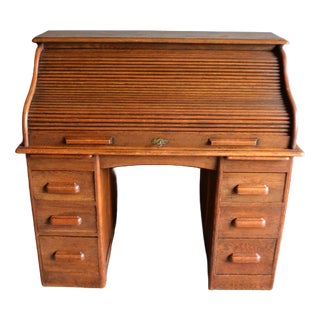 Antique Oak Roll-Up Desk and Office Chair, Set of 2 For Sale