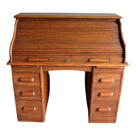 Antique Oak Roll-Up Desk and Office Chair, Set of 2 For Sale