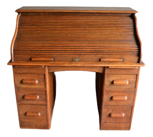 Antique Oak Roll-Up Desk and Office Chair, Set of 2
