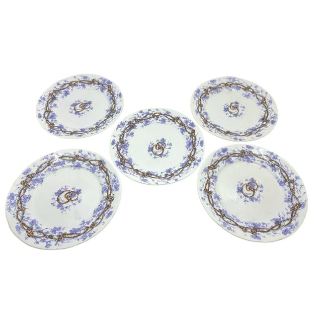 Sarreguemines antique plates. A set of 5 plates. The green coat of arms indicates it was made between 1860- 1922. Its age...