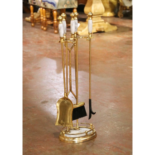 French Mid-Century French Brass and Marble Five-Piece Fireplace Tool Set With Stand For Sale - Image 3 of 10