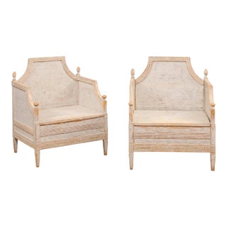 Neoclassical Style 1850s Gray Painted and Carved Armchairs with Guilloches, Pair For Sale