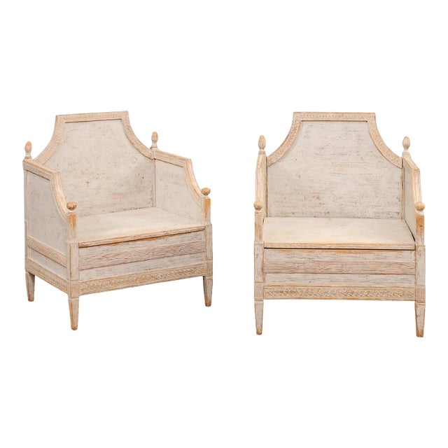 Neoclassical Style 1850s Gray Painted and Carved Armchairs with Guilloches, Pair For Sale