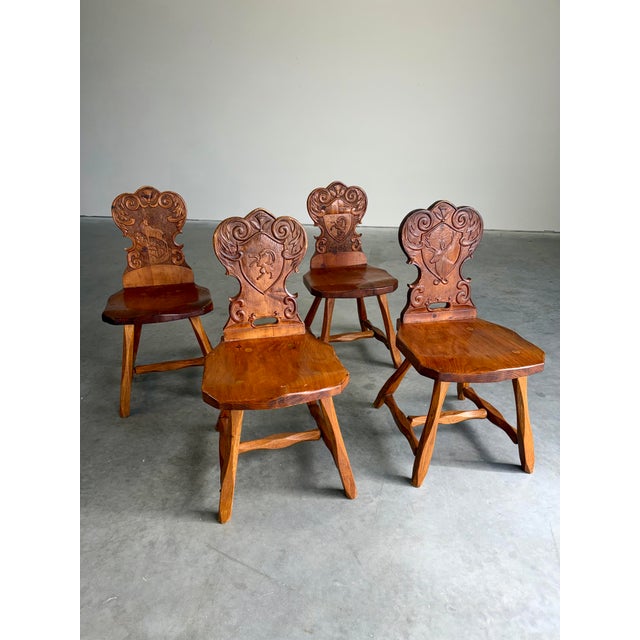 Rustic European Vintage Brutalist Tyrolean Swiss Alpine Carved Pine Dining Chairs, Set of 4 For Sale - Image 3 of 12