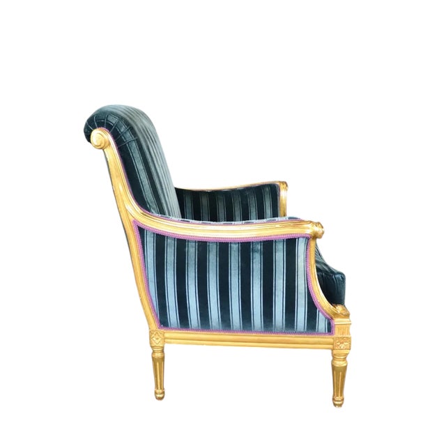 French Dennis & Leen Louis XVI Style French Giltwood & Blue Velvet Bergere Arm Chair For Sale - Image 3 of 5