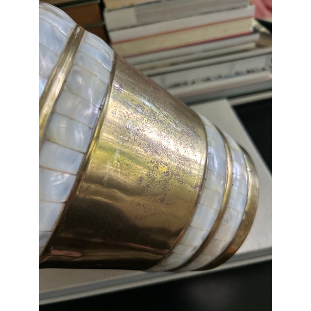 Vintage Brass Wastebasket With Mother-of-Pearl Inlay For Sale In Louisville - Image 6 of 10
