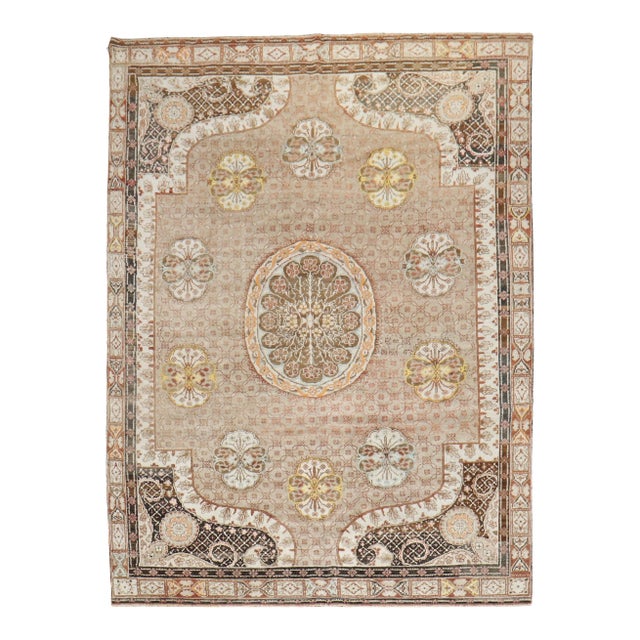 Zabihi Collection Brown Floral Turkish Intermediate Square Rug For Sale