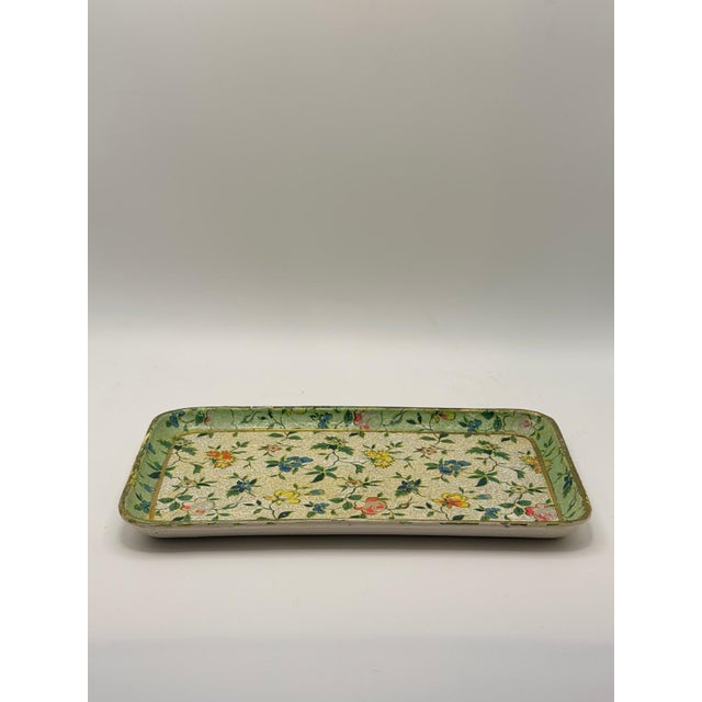 A charming vintage Japanese Florentine-style tray featuring a delicate all-over floral motif, soft green border, and a...