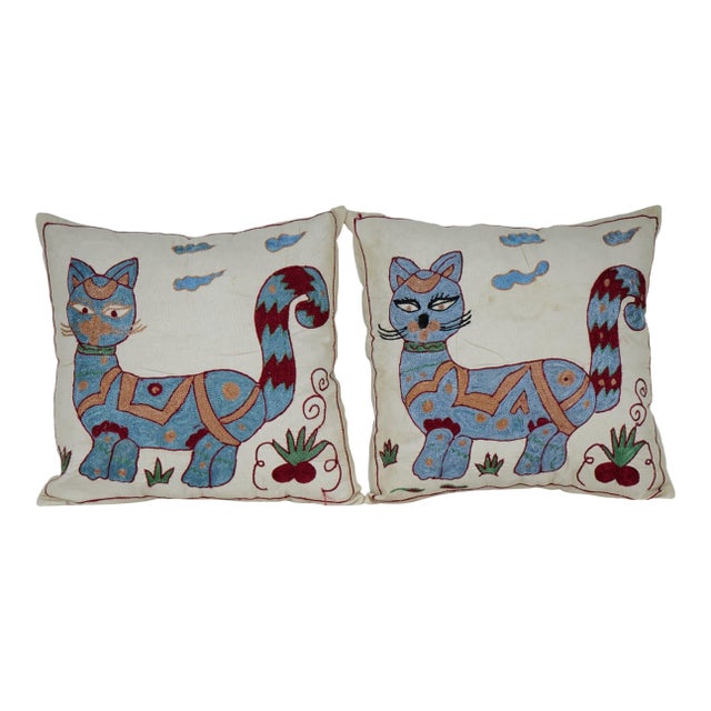 Embroidered Cat Suzani Pillow Cover - A Pair For Sale