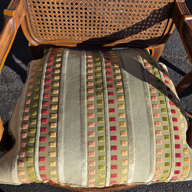 Wood Pr of Early 20th Century French Louis XV Style Carved Walnut Fauteuils W/Cane Seats & Backs, Original Painted Highlights W/Loose Upholstered Cushions For Sale - Image 7 of 10