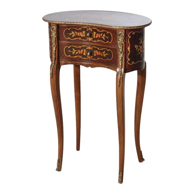 French Rosewood, Ormolu, Marquetry & Inlaid 2 Drawer Kidney Shaped Stand C1920 For Sale