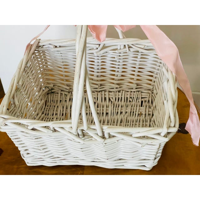 Rustic Vintage Wicker Basket Painted White With Bow For Sale - Image 3 of 4