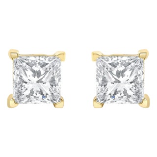 IGI Certified 14k Yellow Gold 1/2 cttw 4-Prong Set Princess-Cut Solitaire Diamond Push Back Stud Earrings (N-O Color, I1-I2 Clarity) For Sale