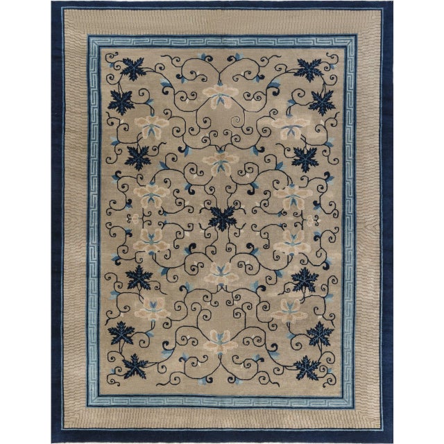 Doris Leslie Blau Chinese Vintage Floral Warm Tan Hand-Knotted Wool Carpet For Sale