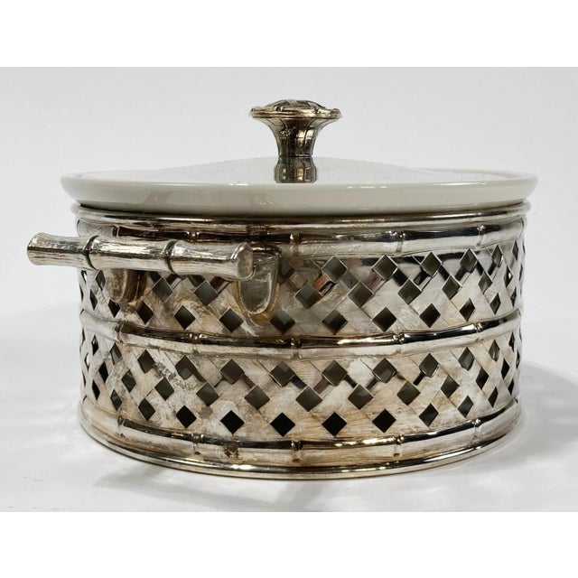 Metal Vintage Lidded Silverplate Faux Bamboo Trellis Serving Dish For Sale - Image 7 of 10