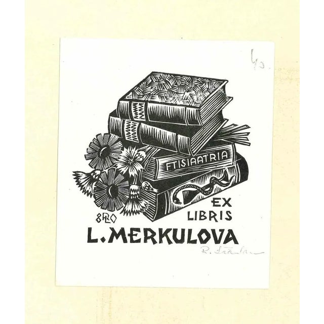 Ex Libris Merkulova is an original Artwork realized in the half of the 1950s Original B/W woodcut print on ivory-colored...